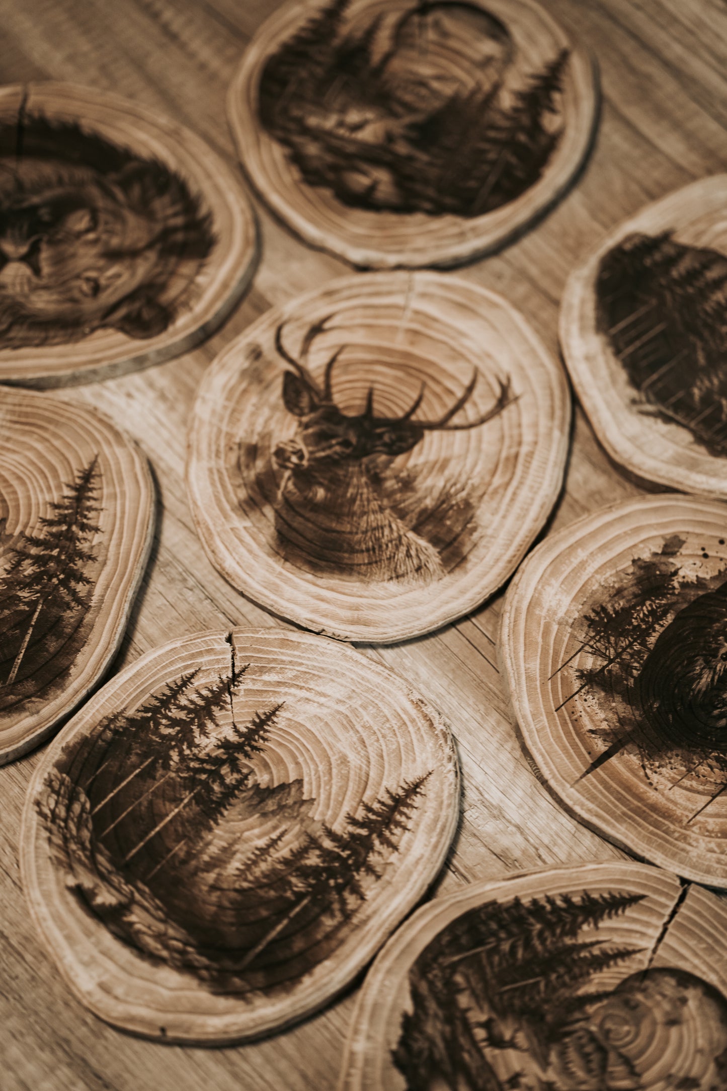 Gravírozott fa korong, oroszlán mintával